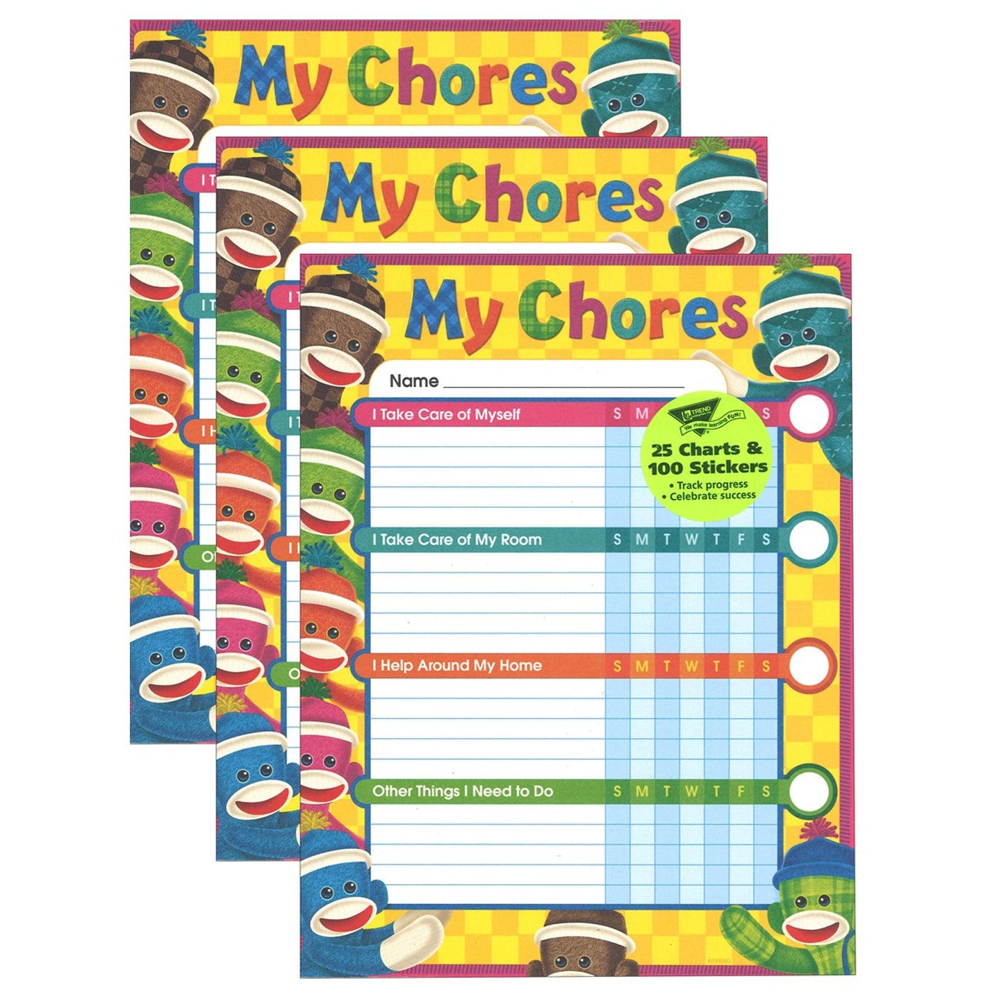Sock Monkeys Chore Charts, 25 Per Pack, 3 Packs - Loomini