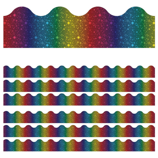 Sparkle + Shine Rainbow Foil Scalloped Border, 39 Feet Per Pack, 6 Packs - Loomini