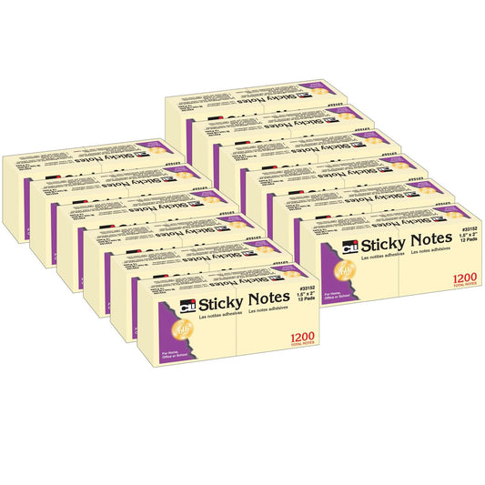 Sticky Notes, 1 1/2" x 2", Plain, 100 Sheets/Pad, 12 Pads/Pack, 12 Packs - Loomini