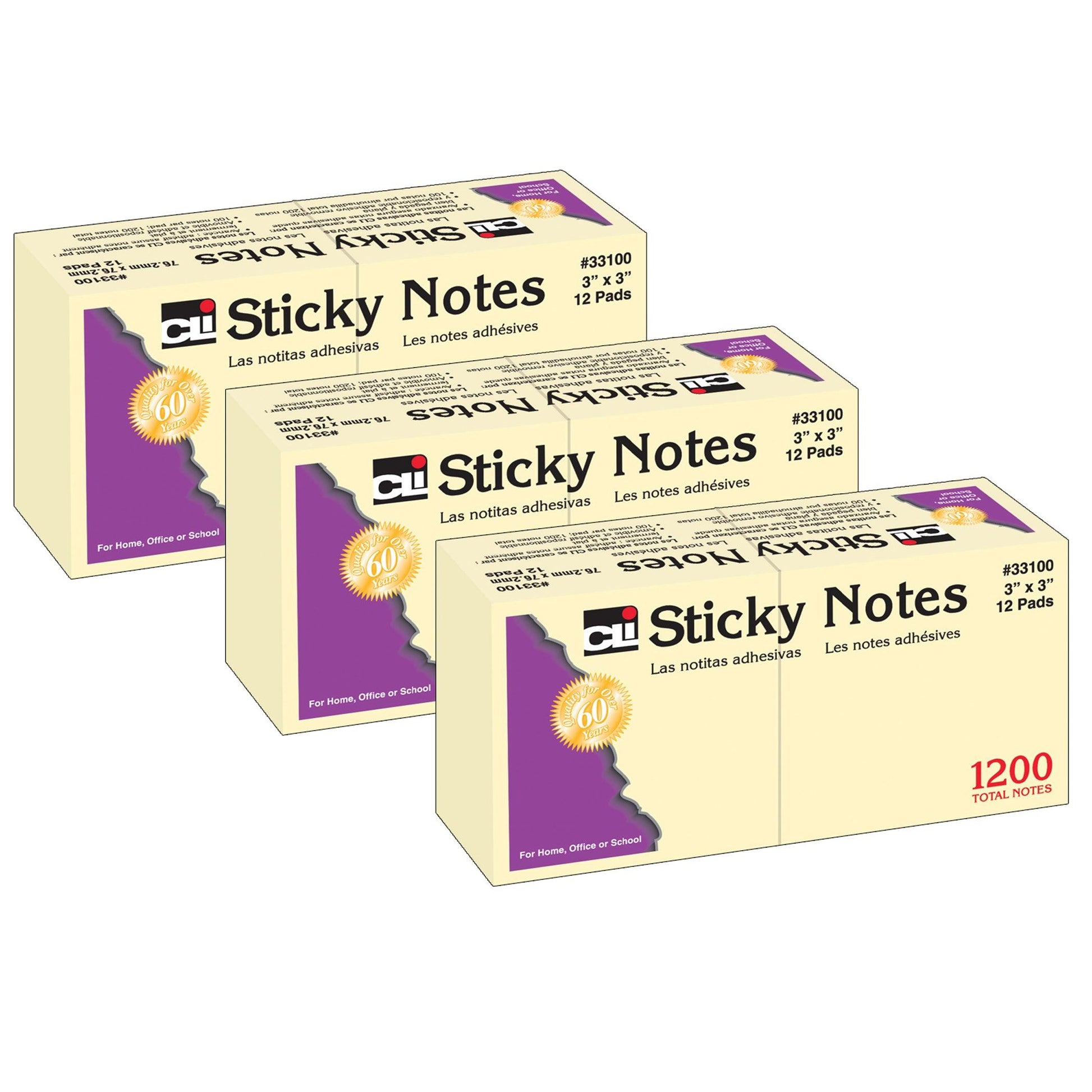 Sticky Notes, 3 x 3 Inch, 100 Sheets/Pad, Yellow, 12 Pads Per Pack, 3 Packs - Loomini