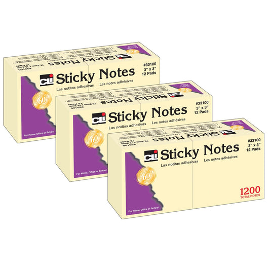 Sticky Notes, 3 x 3 Inch, 100 Sheets/Pad, Yellow, 12 Pads Per Pack, 3 Packs - Loomini