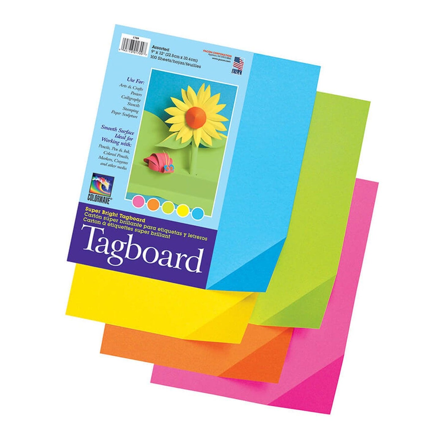 Super Bright Assorted Tagboard, 5 Super Bright Assorted Colors, 9" x 12", 100 Sheets - Loomini
