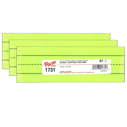 Super Bright Flash Cards, 5 Assorted Colors, 1.5" x 0.75" Ruled 3" x 9", 100 Cards Per Pack, 3 Packs - Loomini