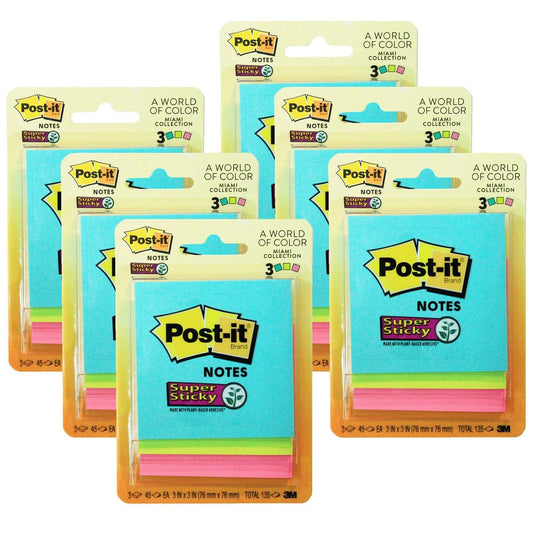 Super Sticky Notes, 3" x 3", Miami Collection, 3 Pads/Pack, 6 Packs - Loomini