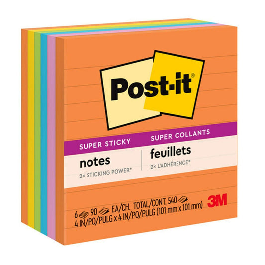 Super Sticky Notes, Energy Boost Collection, 4" x 4" Lined, 90 Sheets/Pad, 6 Pads - Loomini