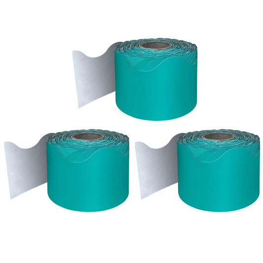 Teal Rolled Scalloped Border, 65 Feet Per Roll, Pack of 3 - Loomini