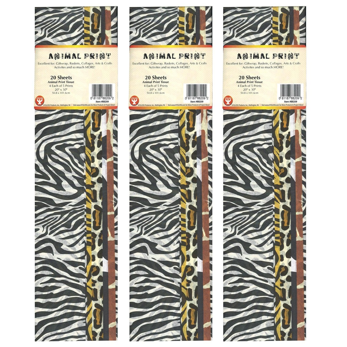 Tissue Paper, Animal Print Assortment, 20" x 30", 20 Sheets Per Pack, 3 Packs - Loomini