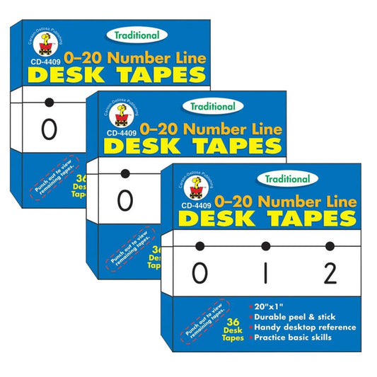 Traditional Desk Tape 0-20 Number Line, Grade PK-5, 36 Per Pack, 3 Packs - Loomini