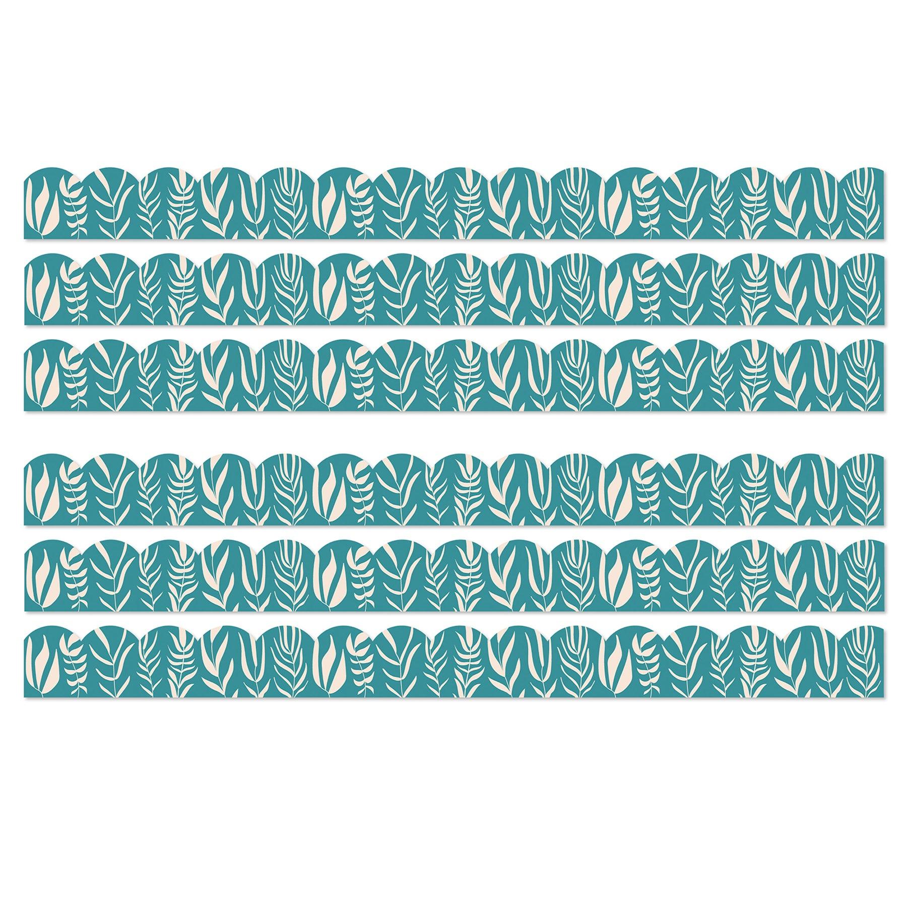 True to You Teal with Leaves Scalloped Bulletin Board Borders, 39 Feet Per Pack, 6 Packs - Loomini