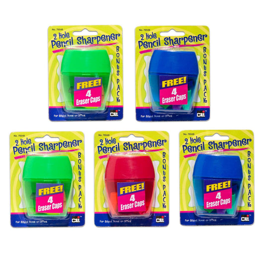 Two-Hole Pencil Sharpener w/Catcher, Bonus Erasers, Assorted Colors, Set of 12 - Loomini