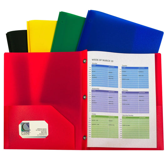 Two-Pocket Heavyweight Poly Portfolio Folder with Prongs, Assorted Primary Colors, Pack of 10 - Loomini