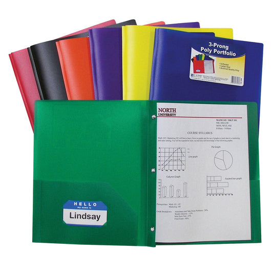 Two-Pocket Heavyweight Poly Portfolio Folder with Prongs, Assorted Primary Colors, Pack of 36 - Loomini