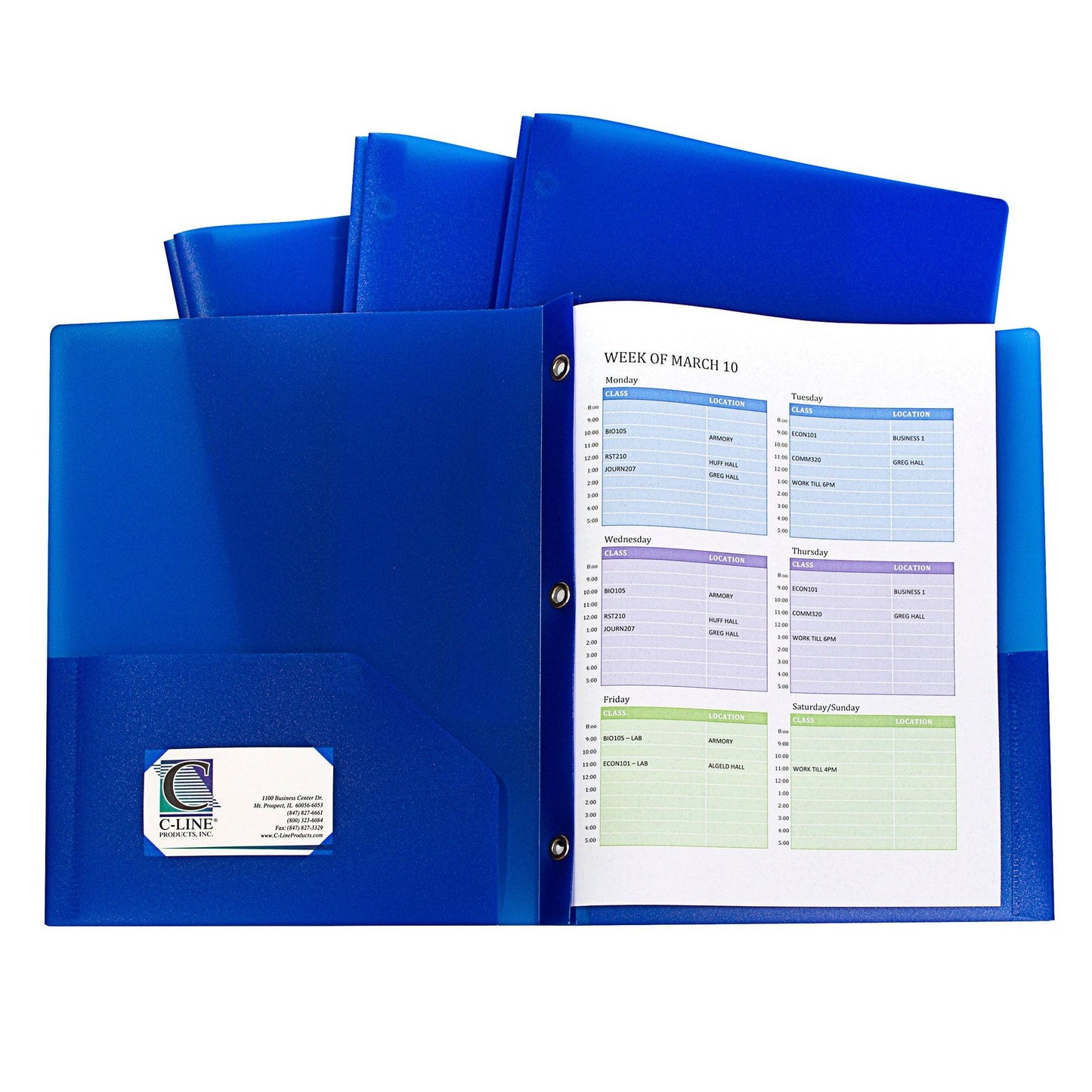 Two-Pocket Heavyweight Poly Portfolio Folder with Prongs, Blue, Pack of 10 - Loomini