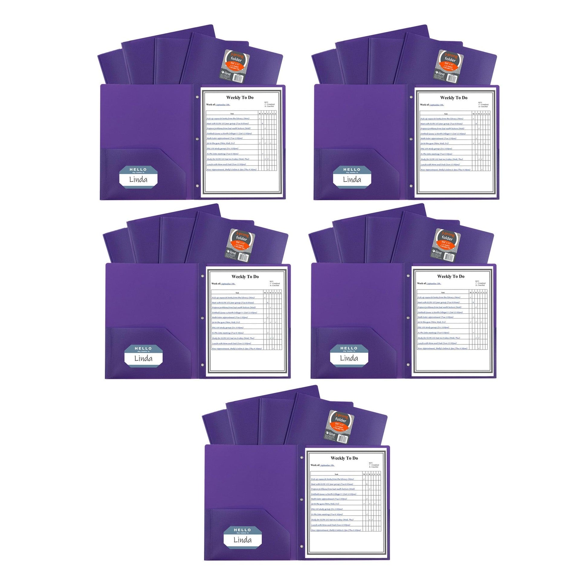 Two-Pocket Heavyweight Poly Portfolio Folder with Prongs, Purple, Pack of 25 - Loomini
