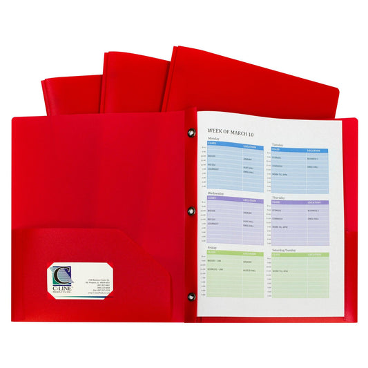 Two-Pocket Heavyweight Poly Portfolio Folder with Prongs, Red, Pack of 10 - Loomini
