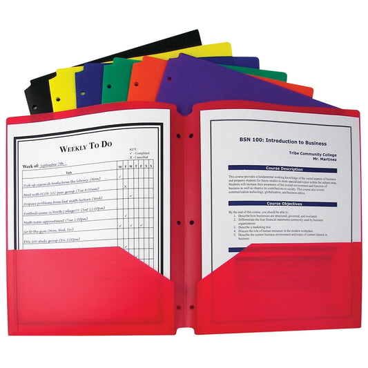 Two-Pocket Heavyweight Poly Portfolio Folder with Three-Hole Punch, Primary Colors, Box of 36 - Loomini