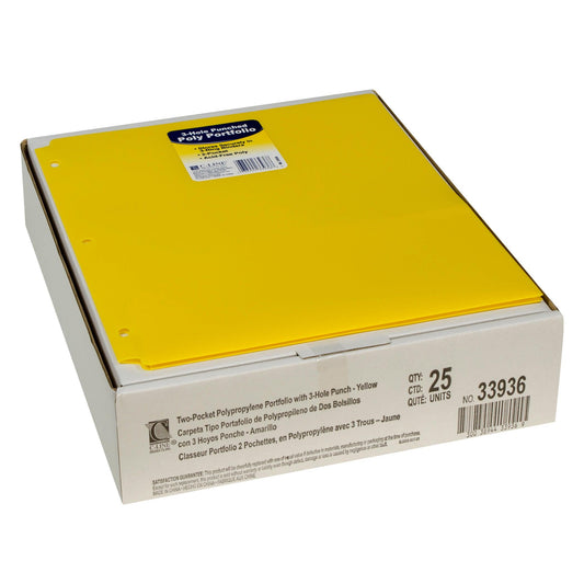 Two-Pocket Heavyweight Poly Portfolio Folder with Three-Hole Punch, Yellow, Pack of 25 - Loomini