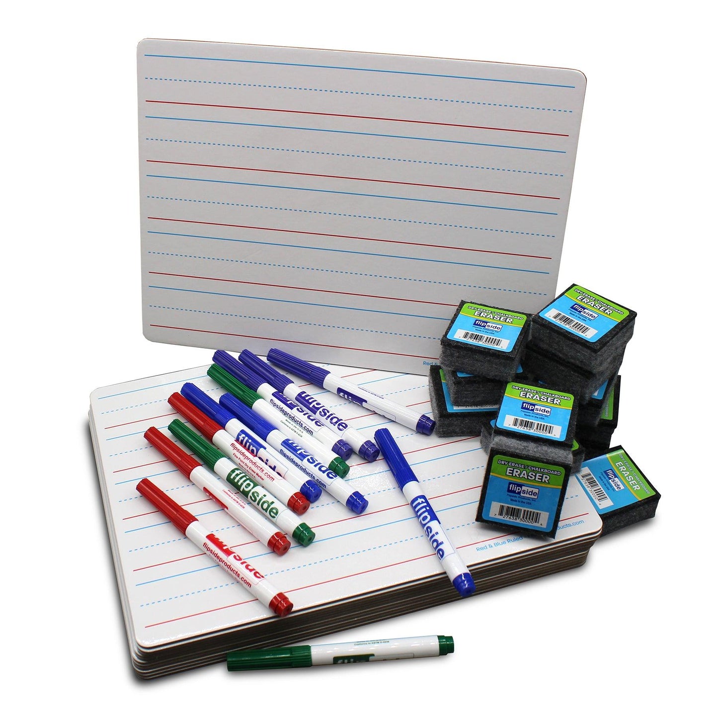 Two-Sided Dry Erase Boards, Red & Blue Ruled/Plain, 9" x 12", with Colored Pens & Student Erasers, Class Pack 12 - Loomini