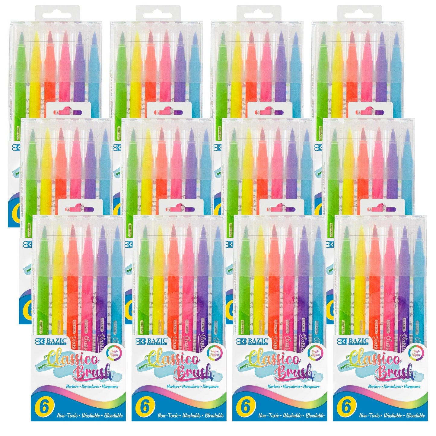 Washable Brush Markers, Fluorescent Colors, 6 Per Pack, 12 Packs - Loomini