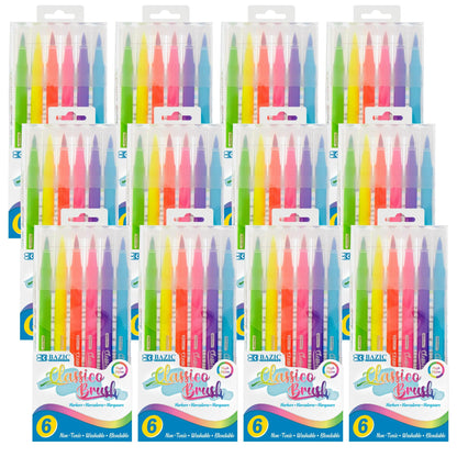 Washable Brush Markers, Fluorescent Colors, 6 Per Pack, 12 Packs - Loomini