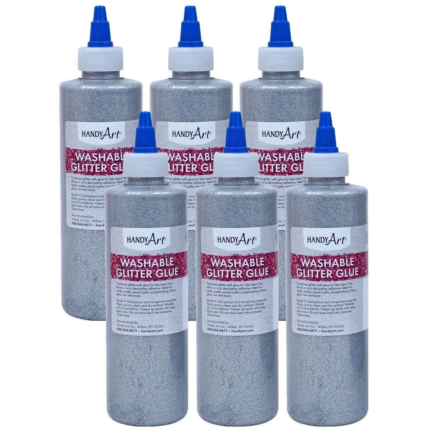 Washable Glitter Glue, 8 oz., Silver, Pack of 6 - Loomini