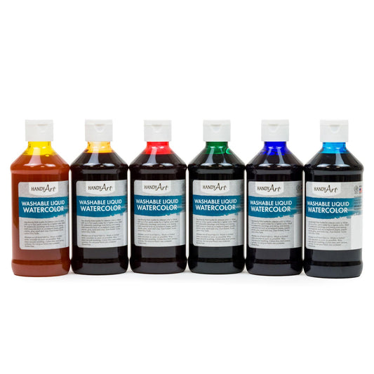 Washable Liquid Watercolors, 8 oz., Primary Colors, Set of 6 - Loomini