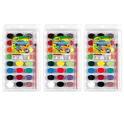 Washable Watercolor Pans with Plastic Handled Brush, 24 Colors, 3 Sets - Loomini