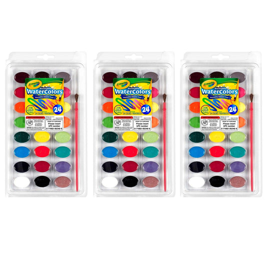 Washable Watercolor Pans with Plastic Handled Brush, 24 Colors, 3 Sets - Loomini