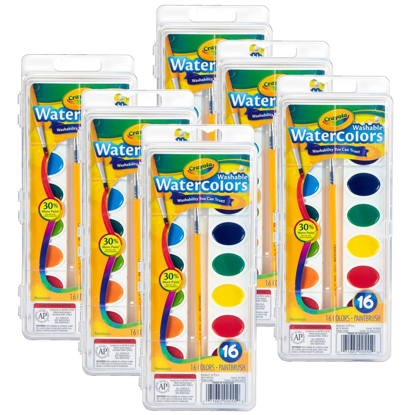 Washable Watercolors, 16 Semi-Moist Oval Pans & Brush, 6 Sets - Loomini