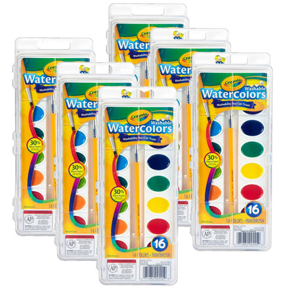 Washable Watercolors, 16 Semi-Moist Oval Pans & Brush, 6 Sets - Loomini