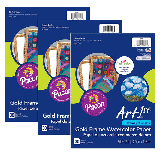 Watercolor Paper, Gold Frame, 9" x 12", 30 Sheets Per Pack, 3 Packs - Loomini