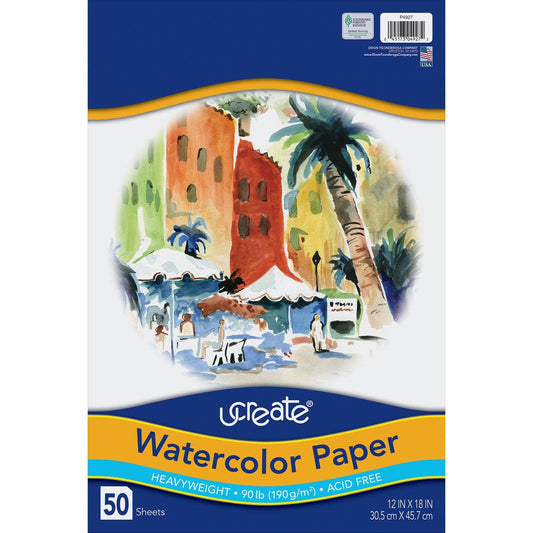 Watercolor Paper, White, 90lb., 12" x 18", 50 Sheets - Loomini