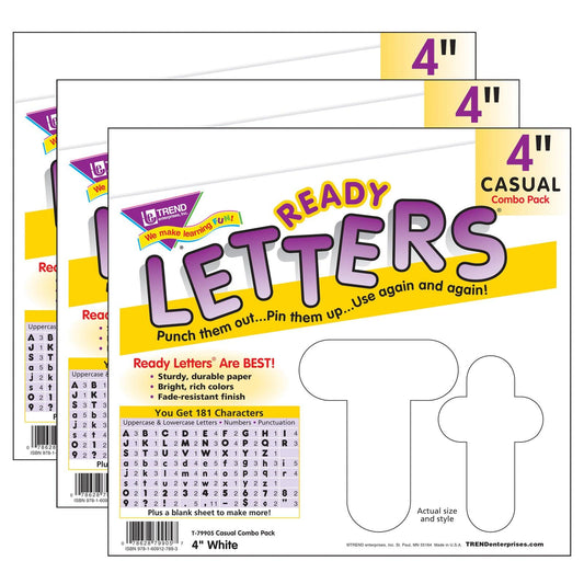 White 4-Inch Casual Uppercase/Lowercase Combo Pack Ready Letters®, 182 Per Pack, 3 Packs - Loomini