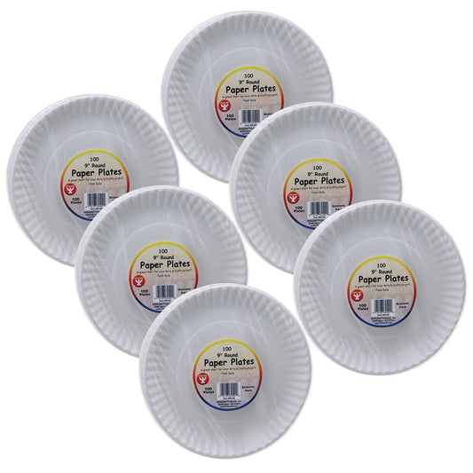 White Paper Plates, 9-Inch, 100 Per Pack, 6 Packs - Loomini