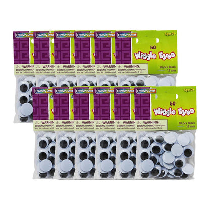 Wiggle Eyes, Black, 15 mm, 50 Per Pack, 12 Packs - Loomini