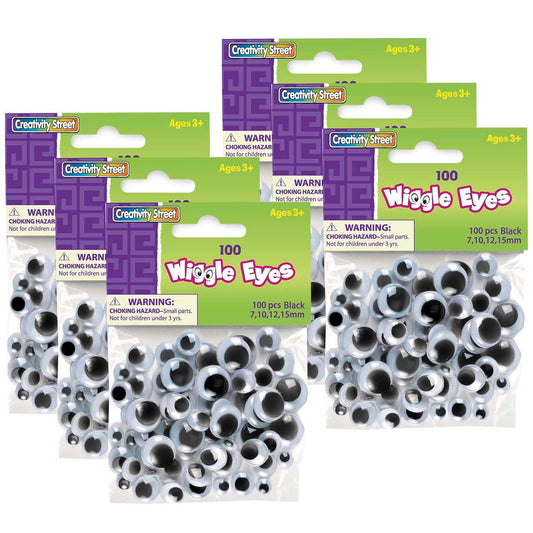 Wiggle Eyes, Black, Assorted Sizes, 100 Pieces Per Pack, 6 Packs - Loomini