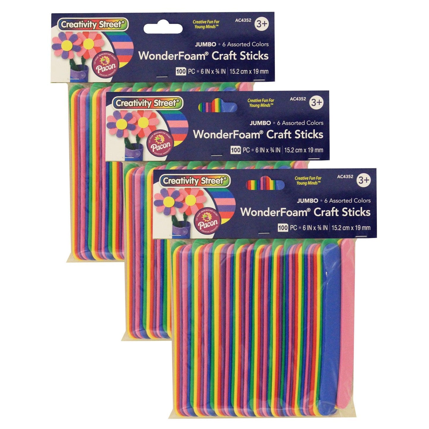WonderFoam® Jumbo Craft Sticks, Assorted Colors, 6" x 3/4", 100 Per Pack, 3 Packs - Loomini