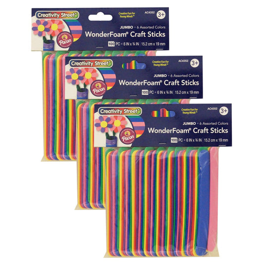 WonderFoam® Jumbo Craft Sticks, Assorted Colors, 6" x 3/4", 100 Per Pack, 3 Packs - Loomini