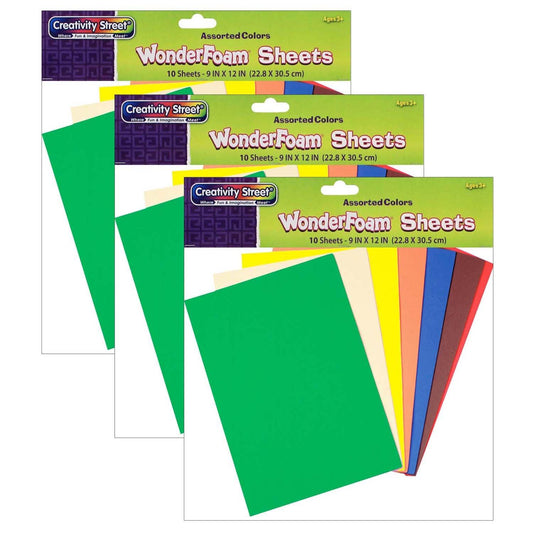 WonderFoam® Sheets, Assorted 10 Colors, 9" x 12", 10 Per Pack, 3 Packs - Loomini