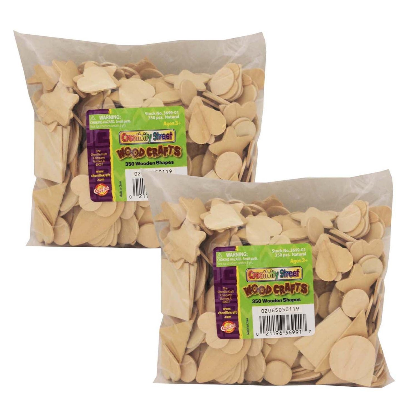 Wood Shapes, Natural Colored, Assorted Shapes, 1/2" to 2", 350 Per Pack, 2 Packs - Loomini
