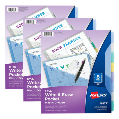 Write & Erase Pocket Plastic Dividers, 8-Tab Set, Multicolor, 3 Sets - Loomini