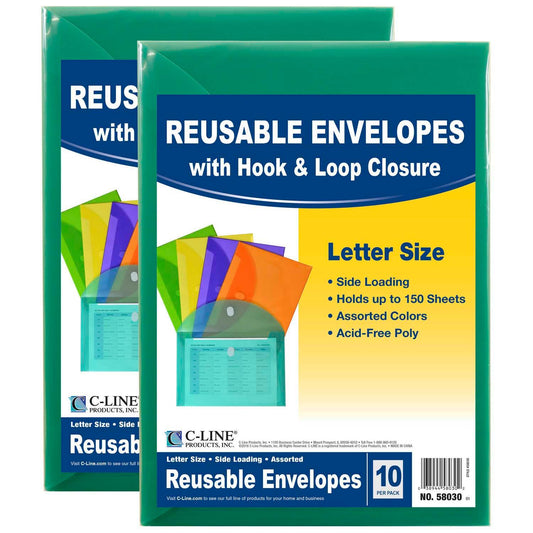 XL Reusable Envelopes, Hook and Loop Closure, 8 1/2 x 11, Assorted Colors, 10 Per Pack, 2 Packs - Loomini